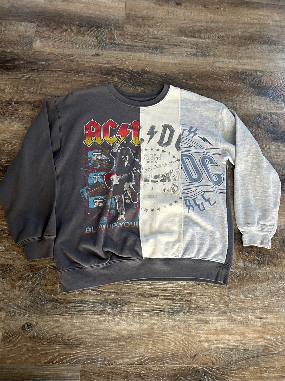 AC/DC Two-Tone Split Graphic Crewneck Sweater - Dark Gray & Light Gray